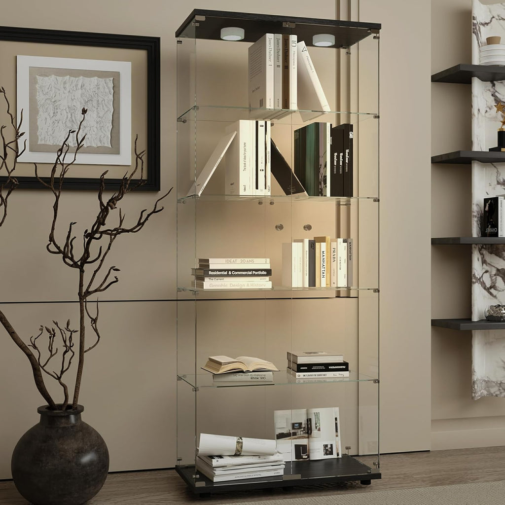 64.69' Tall Tempered Glass Display Cabinet with LED Lights, Curio Cabinet with 5 Shelves with 2 Door, Quick-Install Style Floor Standing Bookshelf File Cabinet for Living Room Office