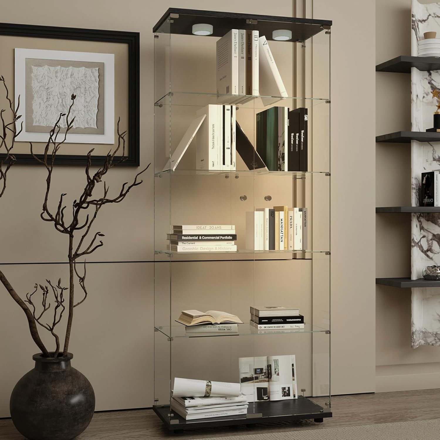 64.69' Tall Tempered Glass Display Cabinet with LED Lights, Curio Cabinet with 5 Shelves with 2 Door, Quick-Install Style Floor Standing Bookshelf File Cabinet for Living Room Office