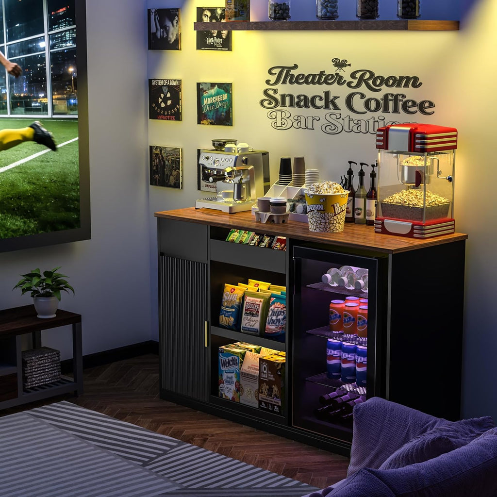 GDLF Snack Bar Cabinet with Fridge Space, Snack Organizer with Storage and Candy Display Shelf, Coffee Station for Home Theater or Game Room, 51.2' L，Black