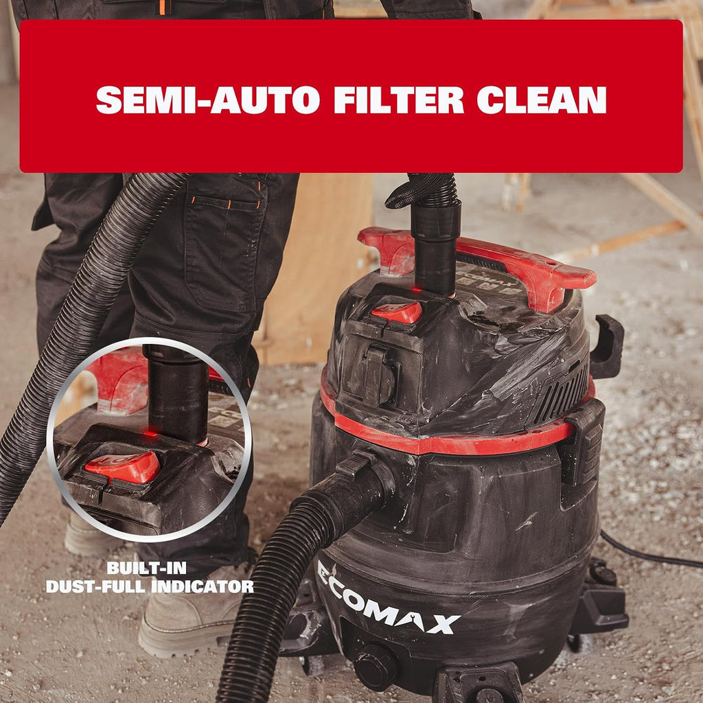 ECOMAX Dust Extractor, Shop Vac, Semi-Auto Filter Clean, 8 Gal 6.5 HP HEPA Wet Dry Vacuum, Anti-Static Hose, Power Tool Take-Off, Dust-Full Indicator, for Woodworking, Workshop and Garage