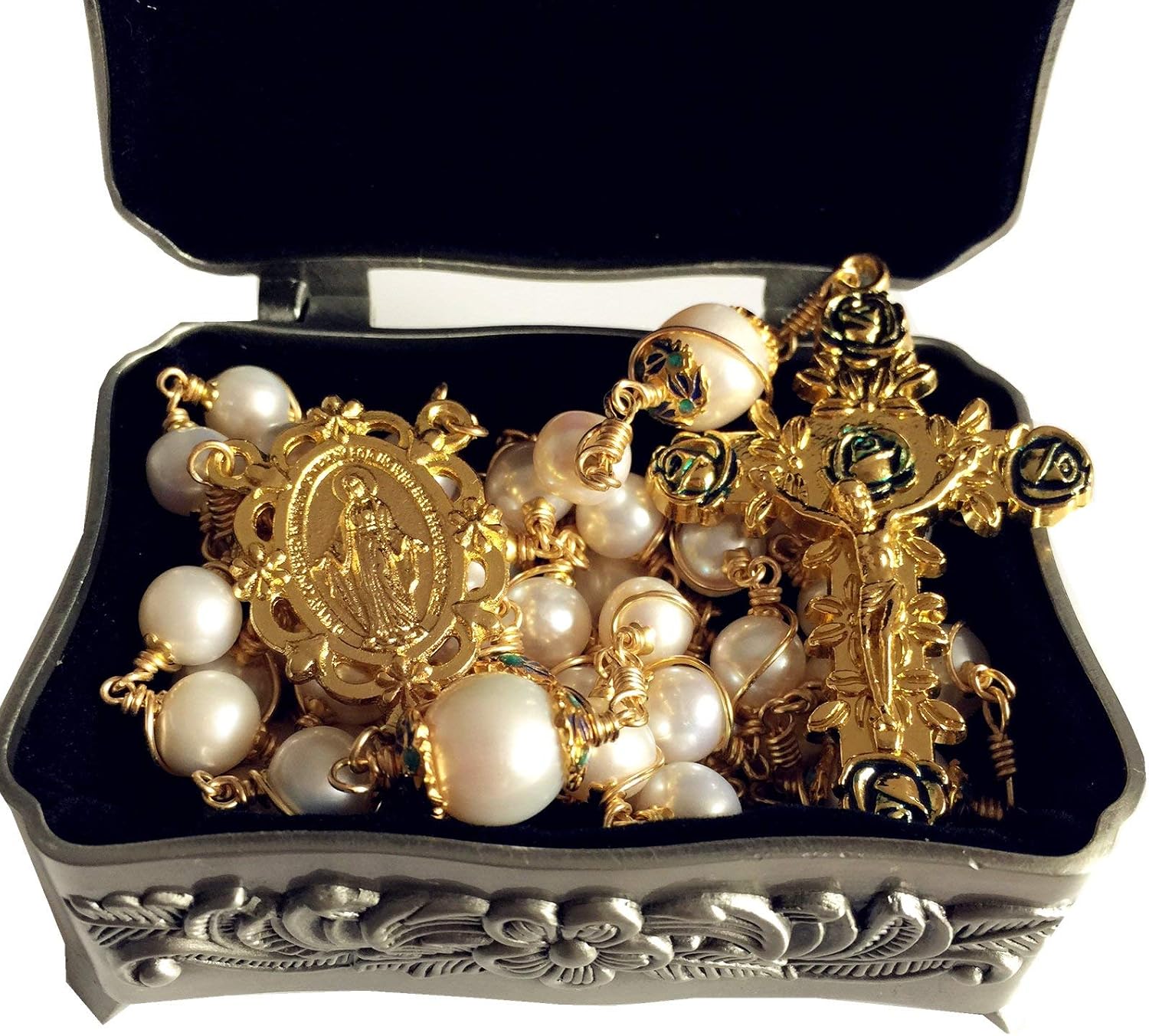elegantmedical HANDMADE ROSARY Gold plated Wire Wrapped Bead AAA+ White Real Pearl Catholic Necklace Cross Gift Box