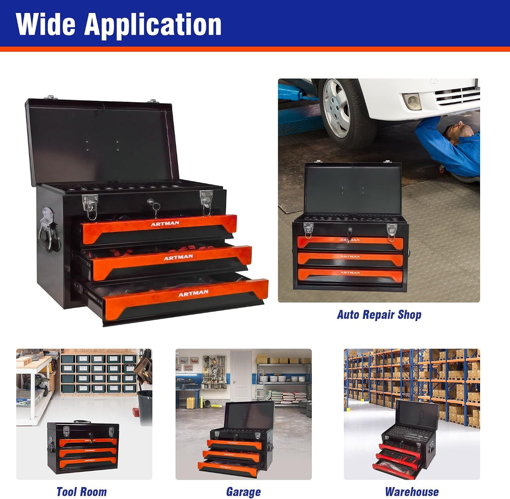 20' Portable Tool Box with Key Lock, 439 Piece Mechanics Tool Set, 3 Drawers & Top Storage Tray Toolbox with Metal Latches & Carrying Handle for Garage, Warehouse, Repair Shop & Home (Orange)
