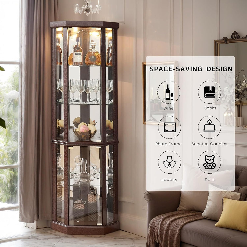 Corner Curio Cabinet, 70' H Lighted Glass Display Cage with Tempered Glass Doors and 5 Adjustable Shelves, Light Bulb Inclued, Wine Bar China Cabinet for Living Room (Dark Cherry)