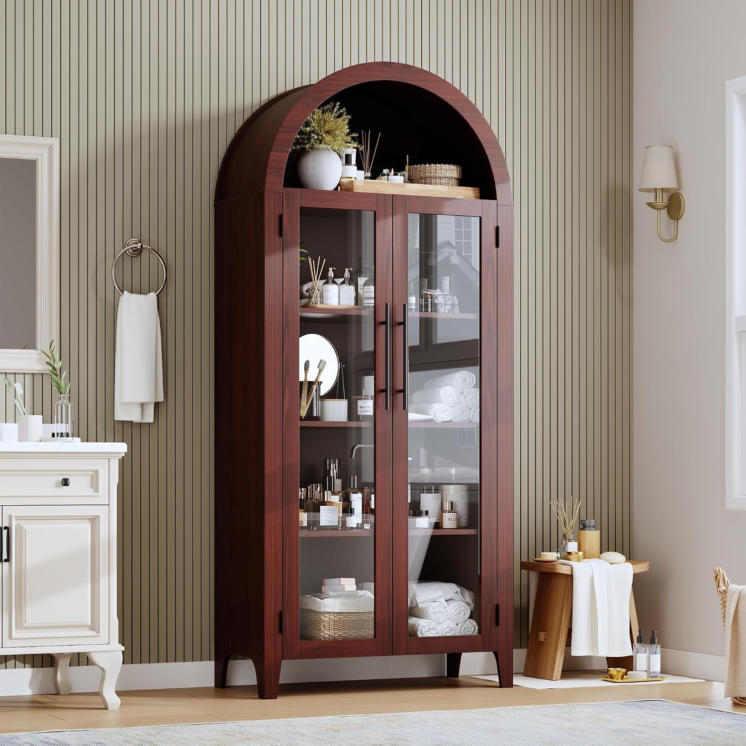 IDEALHOUSE Arched Kitchen Pantry Storage Cabinet - Farmhouse 5-Tier Display Shelf with 2 Large Glass Doors and Adjustable Shelf, Versatile Cupboard for Kitchen, Dining Room, Living Room, Walnut