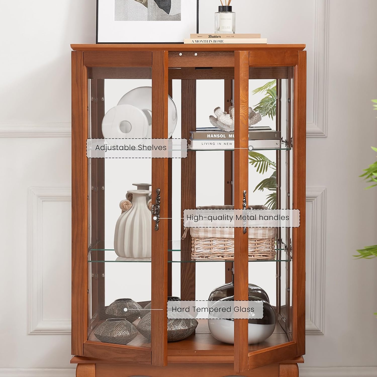 44' Small Lighted Glass Accent Curio Cabinet, Vintage China Cage with 2 Tempered Glass Doors & Adjustable Shelves, Acrylic Mirrored Pane, Elegant Wine Artwork Showcase Rack for Living Room (Dark Oak)