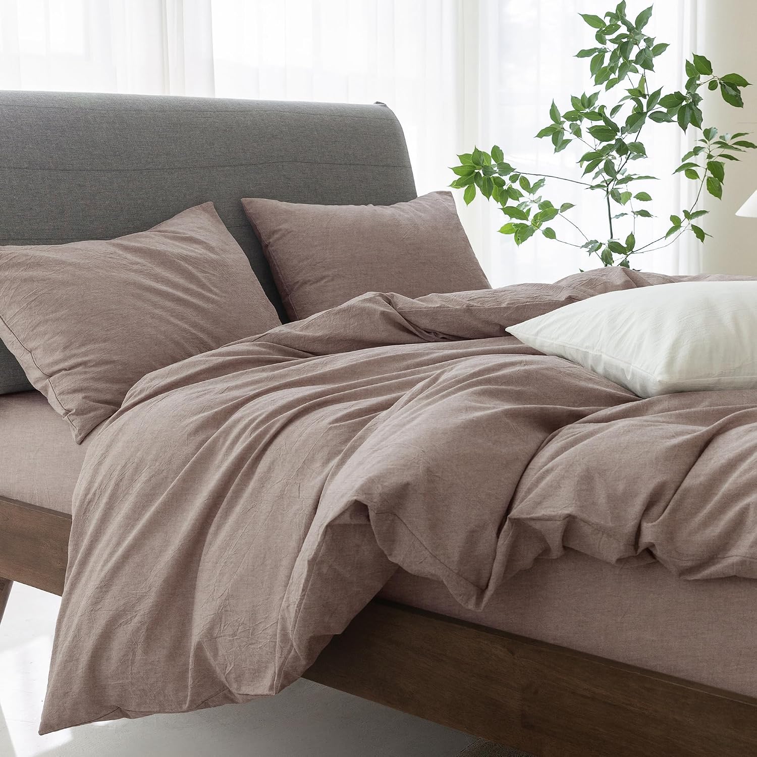 Super King Plus Cooling Duvet Cover Set - 3 Pieces 100% Cotton Bedding, Breathable, Crisp Linen-Like Texture, Naturally Soft & Gets Better，Hidden Zipper & Corner Ties – Mauve Brown, 120'x120'