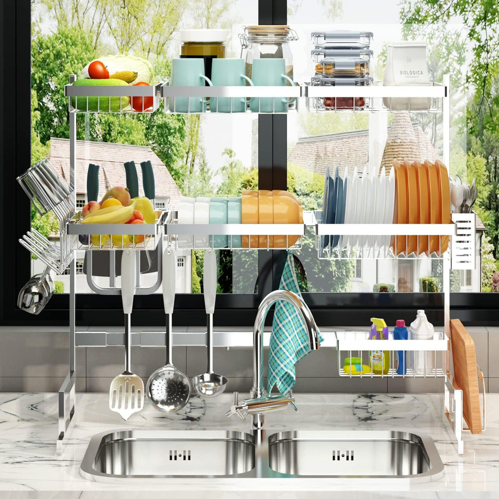 PUSDON Over Sink Dish Drying Rack Stainless Steel, Adjustable Large Dish Drainer for Storage Kitchen Organization Silver 3 Tier - Standard(34'-46')
