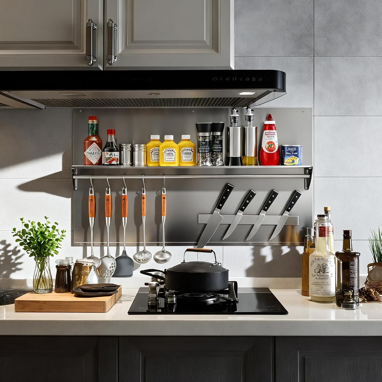 Wilprep Stainless Steel Stove Backsplash, 36'x24' Range Hood Backsplash with Storage Shelf Magnetic Knife Rack, Range Backsplash with Predrilled Holes, Stainless Steel Backsplash for Stove Range Hood