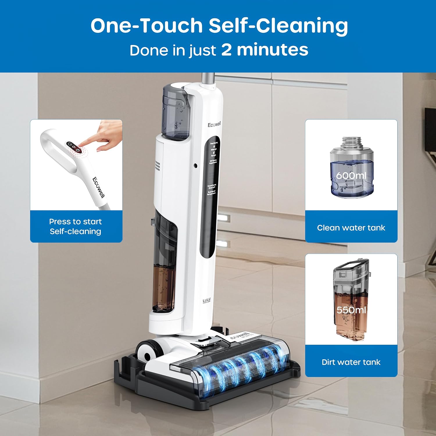 ECOWELL Wet Dry Vacuum Cleaner Cordless Vacuum Mop Wash All in One, Self-Cleaning 0.1'' Dual-Sided Edge Cleaning, 8.2 lbs Lightweight Floor Vacuum for Hard Floors