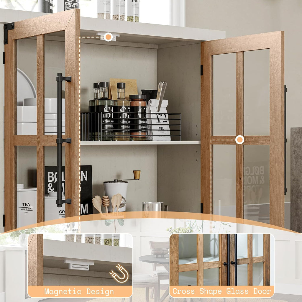 AMERLIFE Farmhouse 63' Buffet Sideboard Cabinet with Glass Door, Large Storage Cabinet with Adjustable Shelf, Wooden Coffee Bar Station for Kitchen, Dinning Room, White