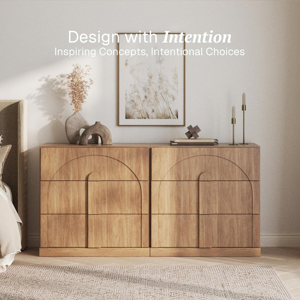 BELLEZE Sideboard Cabinet with 3 Drawers, Set of 2 Modern Wood Buffet Cabinet with Arc Design, Large Fluted Sideboard with Storage for Dining Room Living Room Entryway, Camel