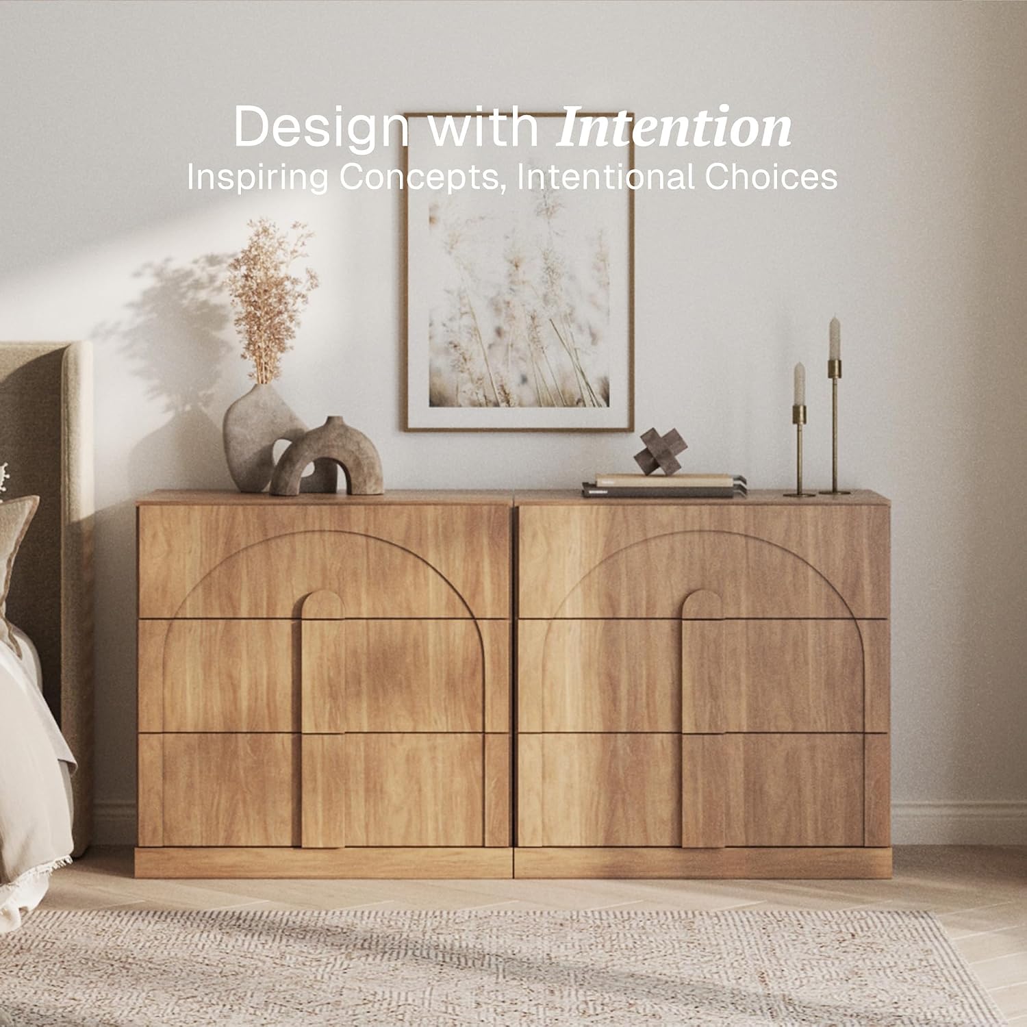 BELLEZE Sideboard Cabinet with 3 Drawers, Set of 2 Modern Wood Buffet Cabinet with Arc Design, Large Fluted Sideboard with Storage for Dining Room Living Room Entryway, Camel