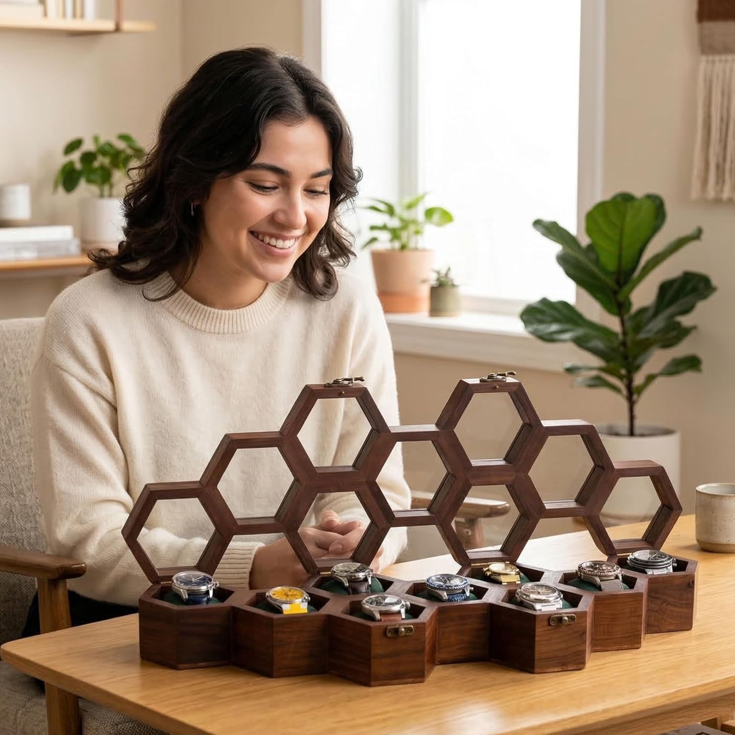 Royal Craft Expertise Honeycomb 9-Slot Wooden Watch Organizer for Men & Women – Handmade Solid Indian Rosewood Watch Display & Storage Box, Mens Watch Display Case, Best Gift for Him.