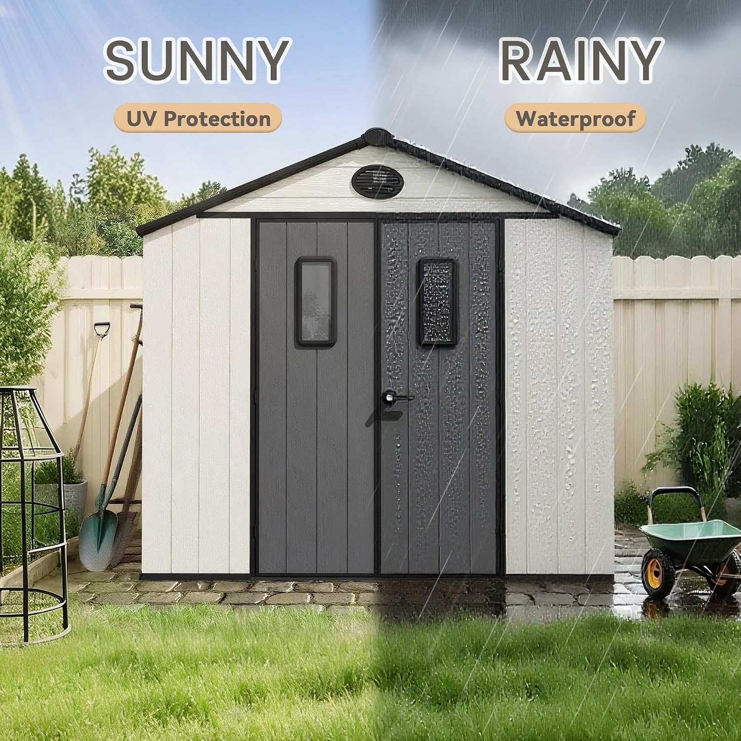 8 x 8 FT Plastic Outdoor Storage Shed with Floor,Garden Resin Shed with Window and Lockable Door, Outside Sheds for Bike, Garbage Can, Tool
