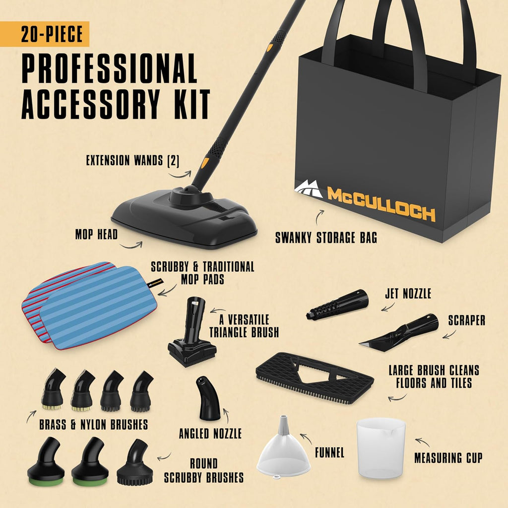 McCulloch Canister Steam Cleaner MC1375, 90 Minute Runtime, 20 Accessories, Jet Nozzle, Brushes, & More - Steam Cleaner for Home, Tile, Carpet, Furniture, & Personal Car Detailing
