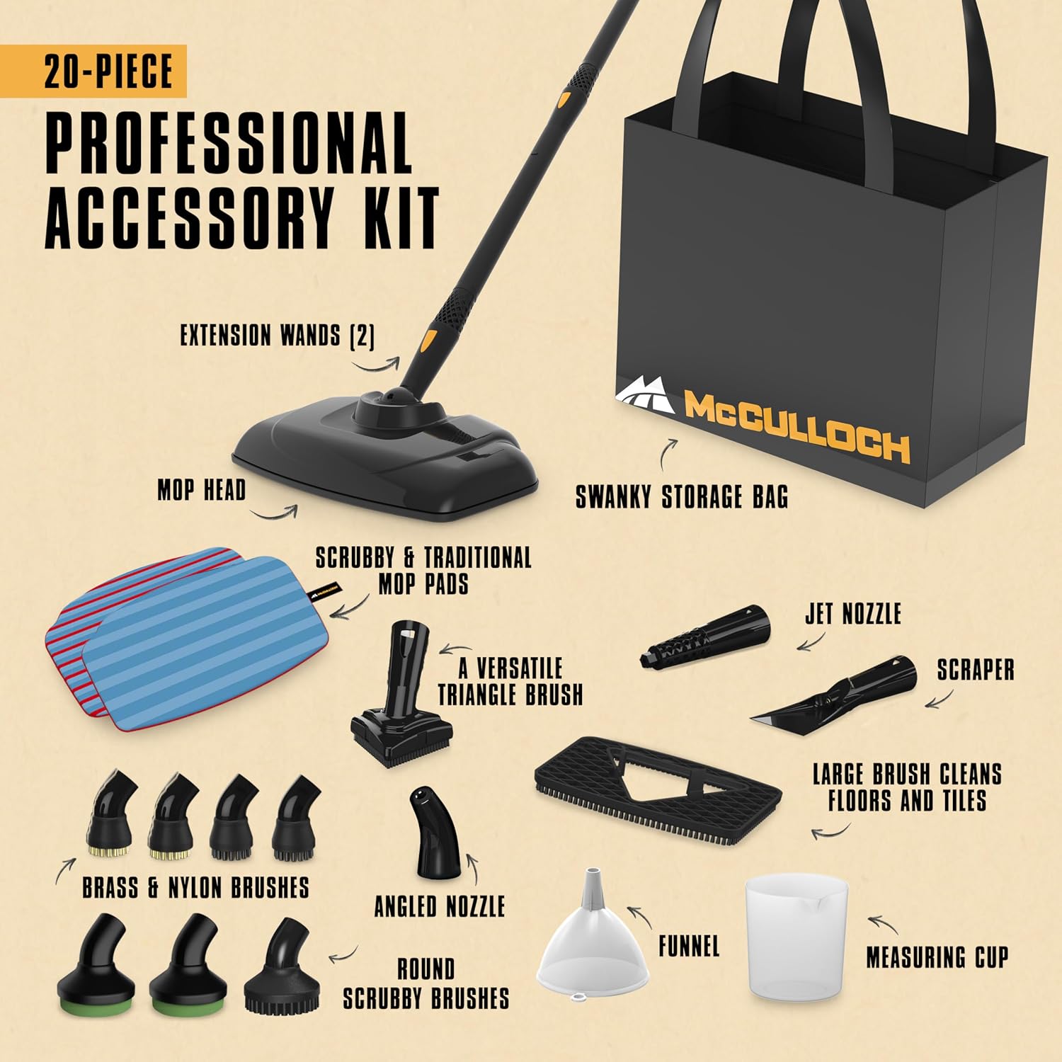 McCulloch Canister Steam Cleaner MC1375, 90 Minute Runtime, 20 Accessories, Jet Nozzle, Brushes, & More - Steam Cleaner for Home, Tile, Carpet, Furniture, & Personal Car Detailing