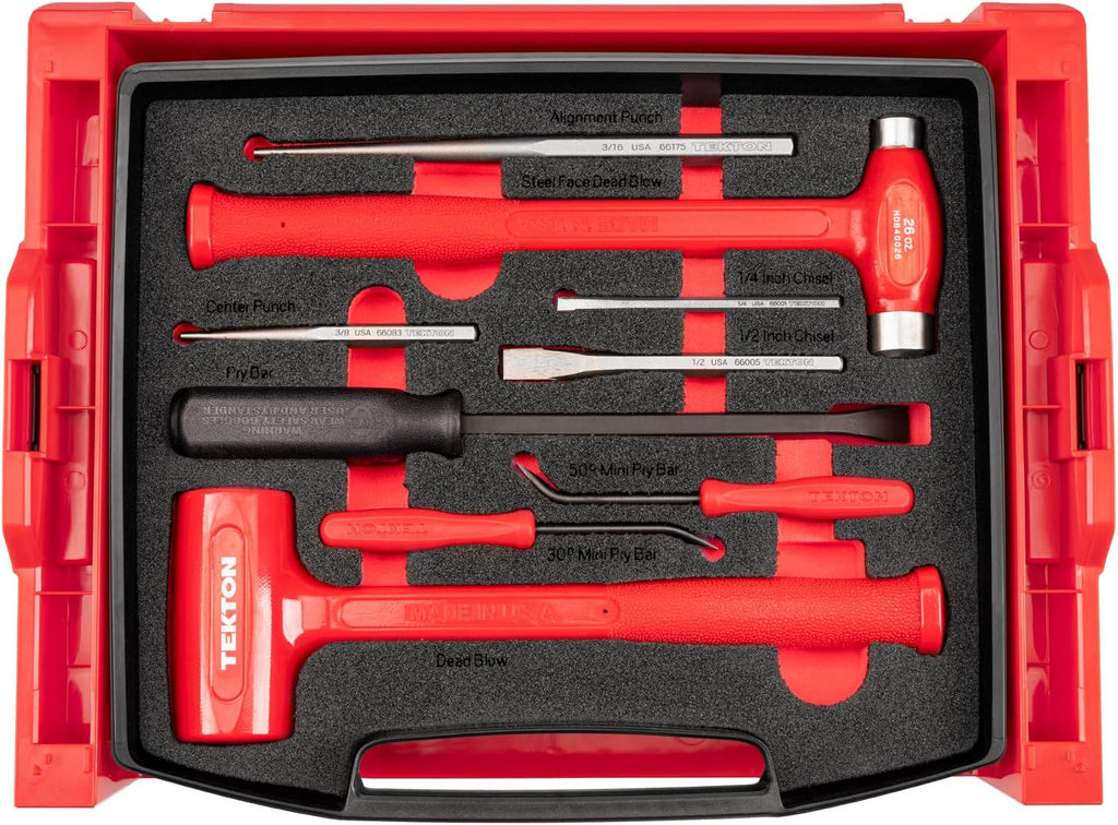 TEKTON Hammers, Pry Bars, Punches, and Chisels Set with Open Top Drawer and Rack (9-Piece) | OLB94701