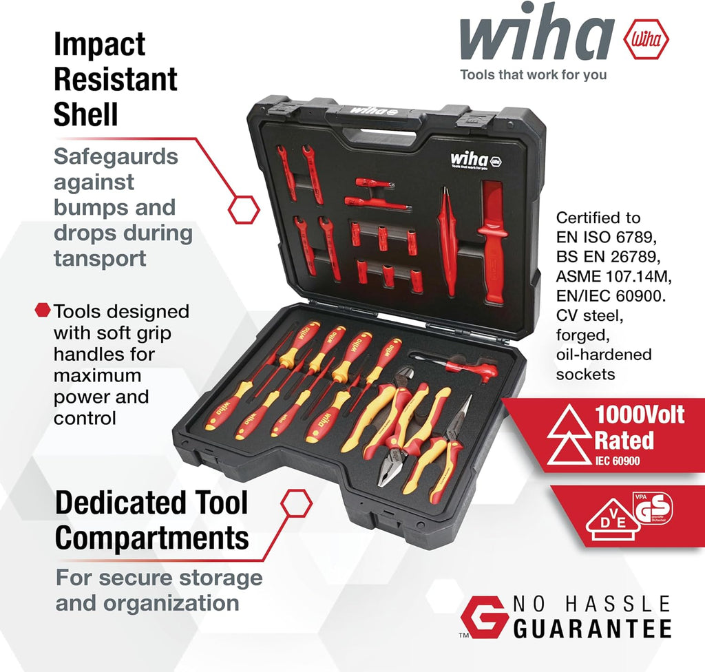 Wiha 91890 26-Piece Insulated EV & Hybrid Tool Set, 1000V VDE Rated, Sockets, Ratchets, Pliers, Screwdrivers