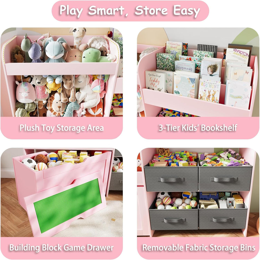 Toy Storage Organizer with Stuffed Animal Storage – Kids Bookshelf with 4 Removable Bins and 1 Movable Toy Box, 3-Tier Bookshelf with Buildable Baseplate Lid for Lego Bricks, Kids Room Playroom (Pink)