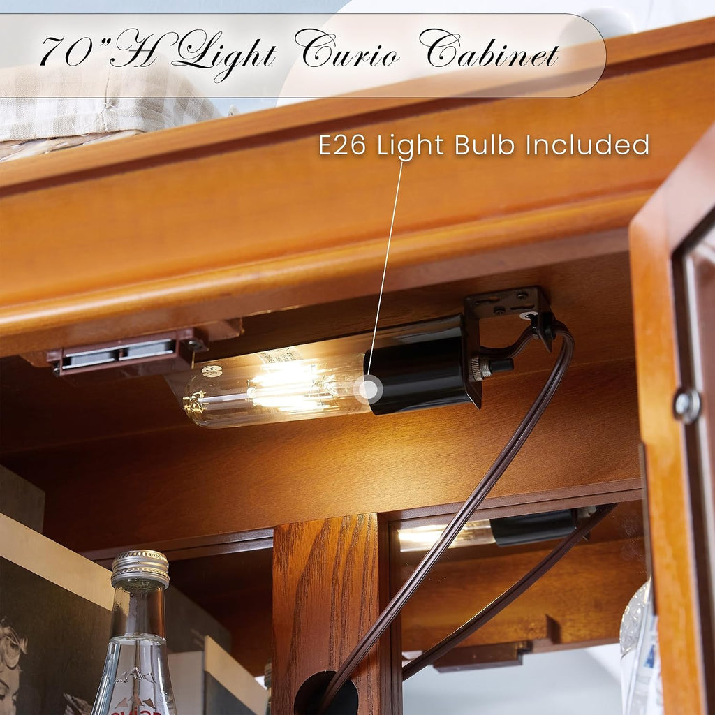71' Lighted Curio Cabinet with 6 Adjustable Shelves, Vintage Glass Display Case, Tempered Glass Doors, Tall Wine Bar Cabinet for Living Room Liquor Storage, Bulb Included