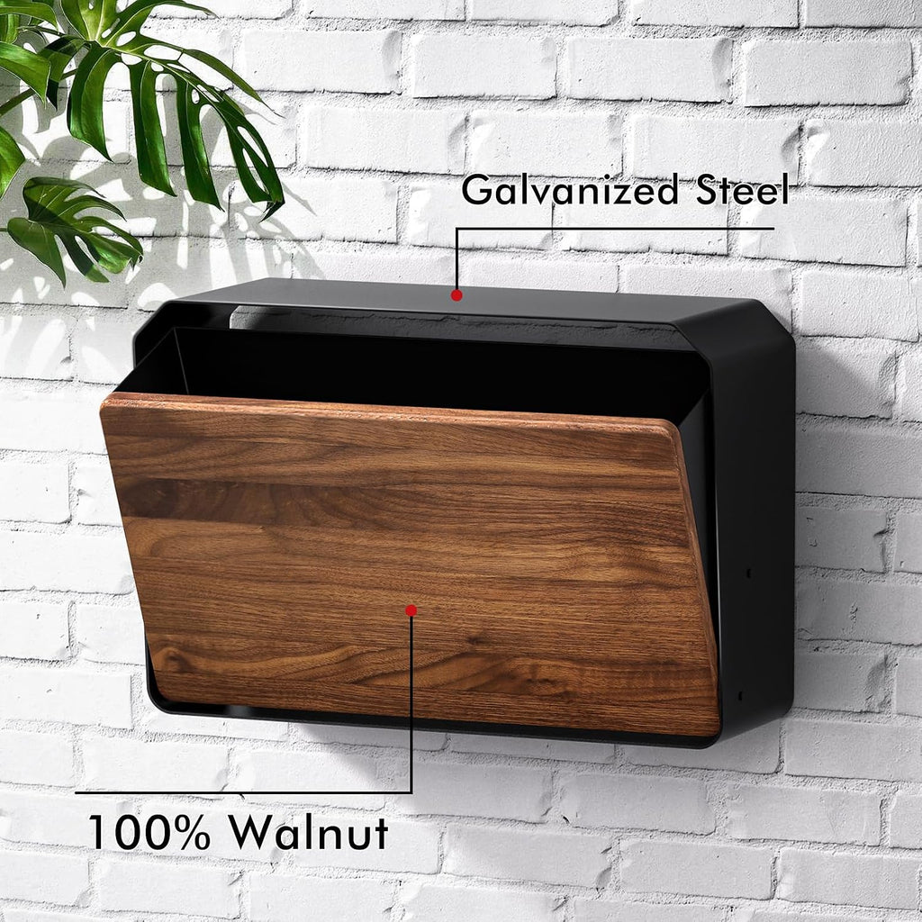 Wall-Mount Mailbox for House - Walnut & Galvanized Steel Rust-Proof Metal Post Box, Large Capacity, Easy to Install Wall Mount, Mailboxes for Outside House Porch