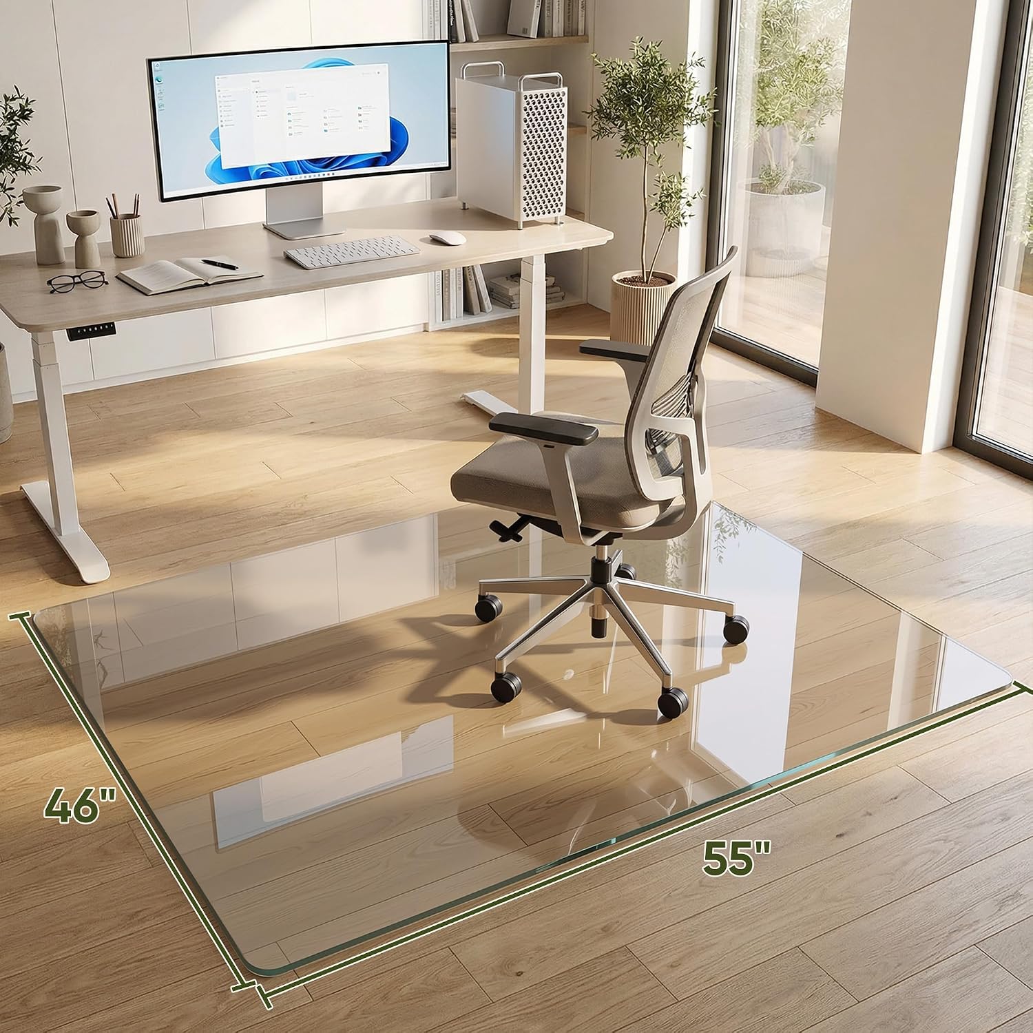 Tempered Glass Chair Mat for Hardwood Floor, 46' x 55' Heavy Duty Glass Office Chair Mat, for Low Pile Carpet, 0.2' Thick with 4 Non-Slip Pads, Smooth Rolling for Home & Office