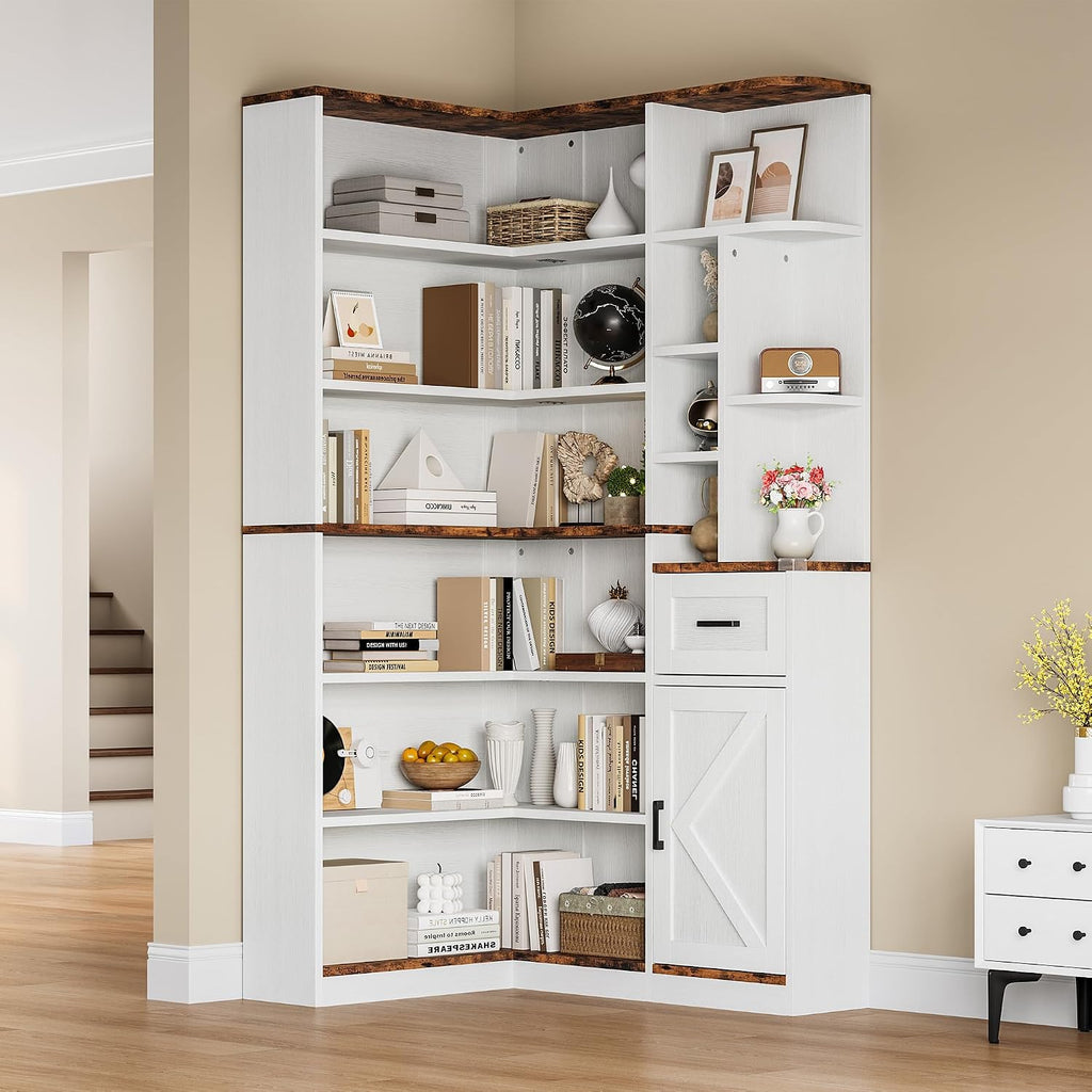 Garvee 74'' Tall Corner Bookshelf - 6-Tier Book Shelf with Drawer and Cabinets, l-Shaped Bookcase Open Storage Shelves Modern Display Shelf for Home, Office