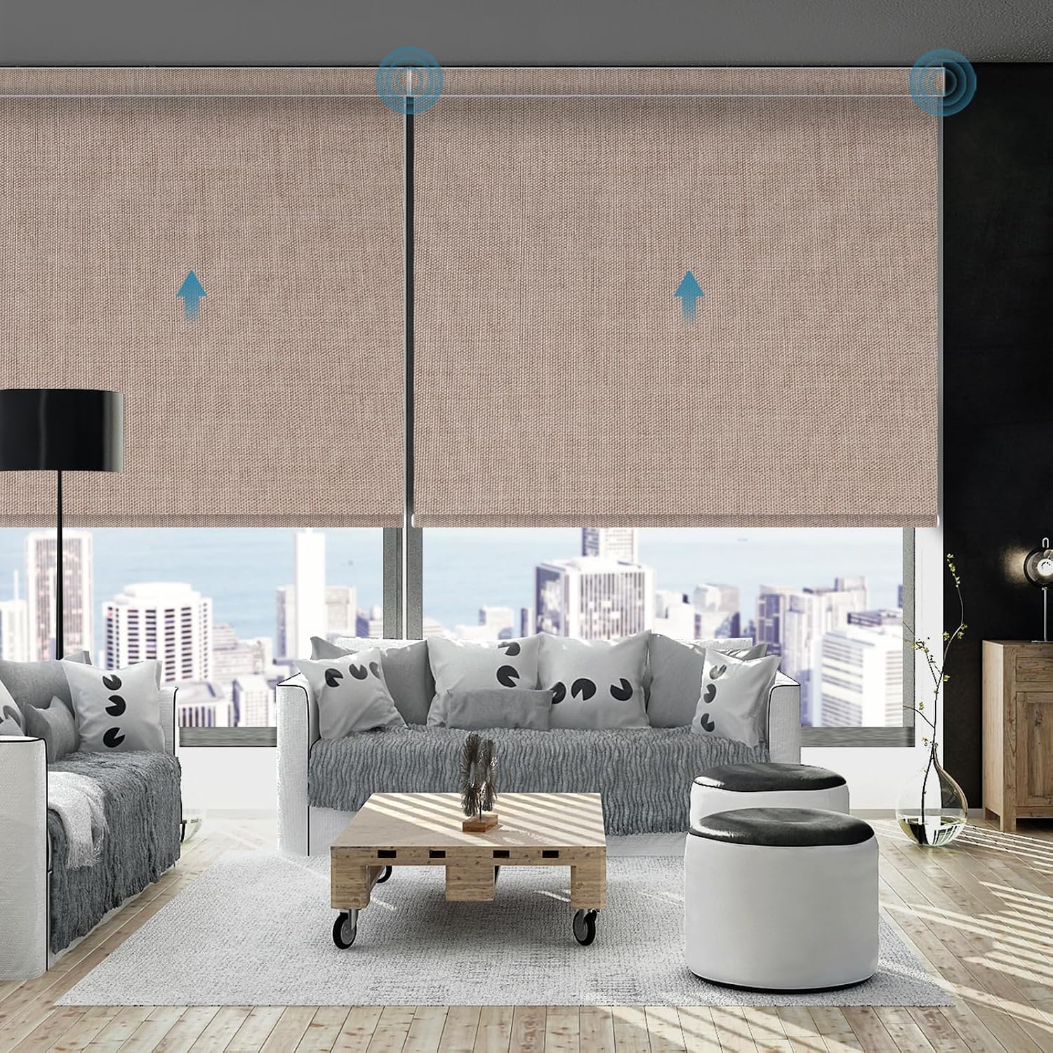Motorized Roller Shade, 100% Blackout Smart Window Blinds Work with Homekit, Alexa, Google Home, Remote Control, Electric Blinds with USB/Solar Pannel Charging,Bouvardia Light Brown