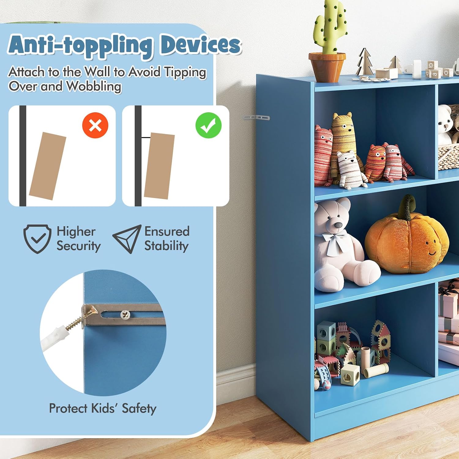 HONEY JOY Kids Toy Storage Organizer, 8-Section Storage Daycare Shelf for Preschool, Children 3-Tier Open Wooden Display Book Shelf Organizer for Classroom, Playroom & Nursery, Kindergarten (Blue)