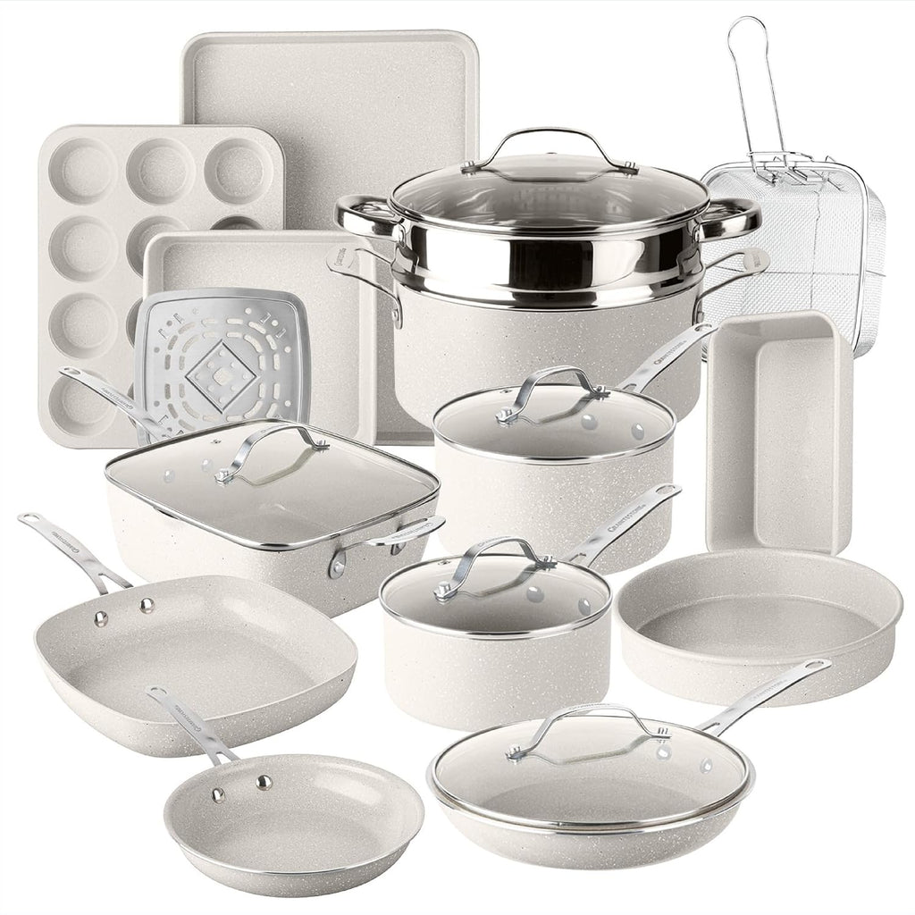 Granitestone Ceraluxe 20 Pc Ceramic Cookware Set Nonstick, Complete Pots and Pans Set Non Stick with 5 Pc Bakeware Set, Deep Frying Pan Set, & Steamer, Non Toxic PFOA Free, Oven & Dishwasher Safe