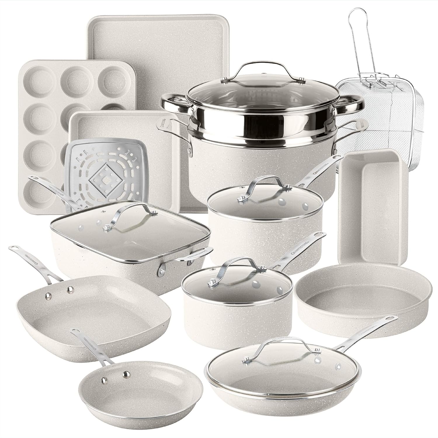 Granitestone Ceraluxe 20 Pc Ceramic Cookware Set Nonstick, Complete Pots and Pans Set Non Stick with 5 Pc Bakeware Set, Deep Frying Pan Set, & Steamer, Non Toxic PFOA Free, Oven & Dishwasher Safe