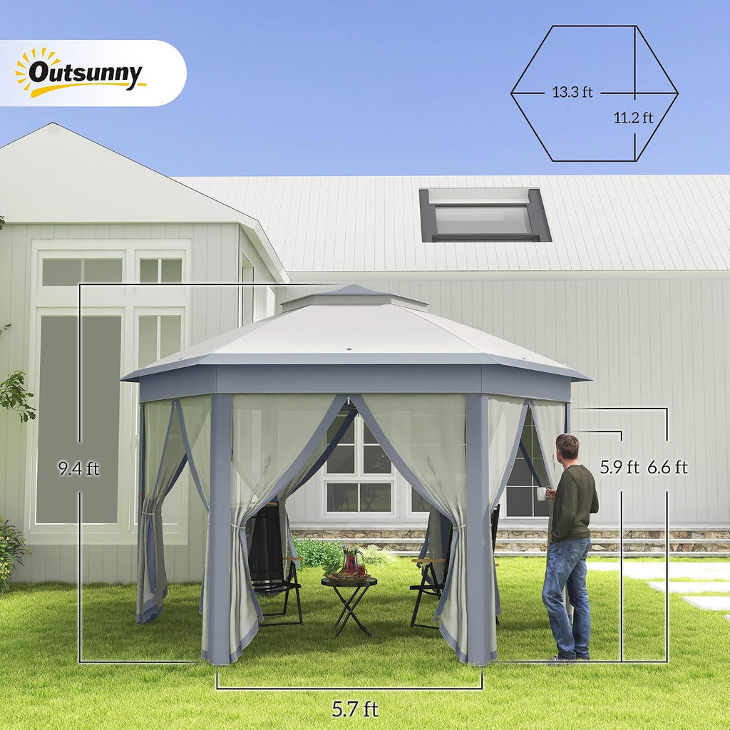Outsunny 13' x 13' Pop Up Gazebo, Hexagonal Canopy Shelter with 6 Zippered Mesh Netting, Event Tent with Strong Steel Frame for Patio Backyard Garden Wedding Party, Gray