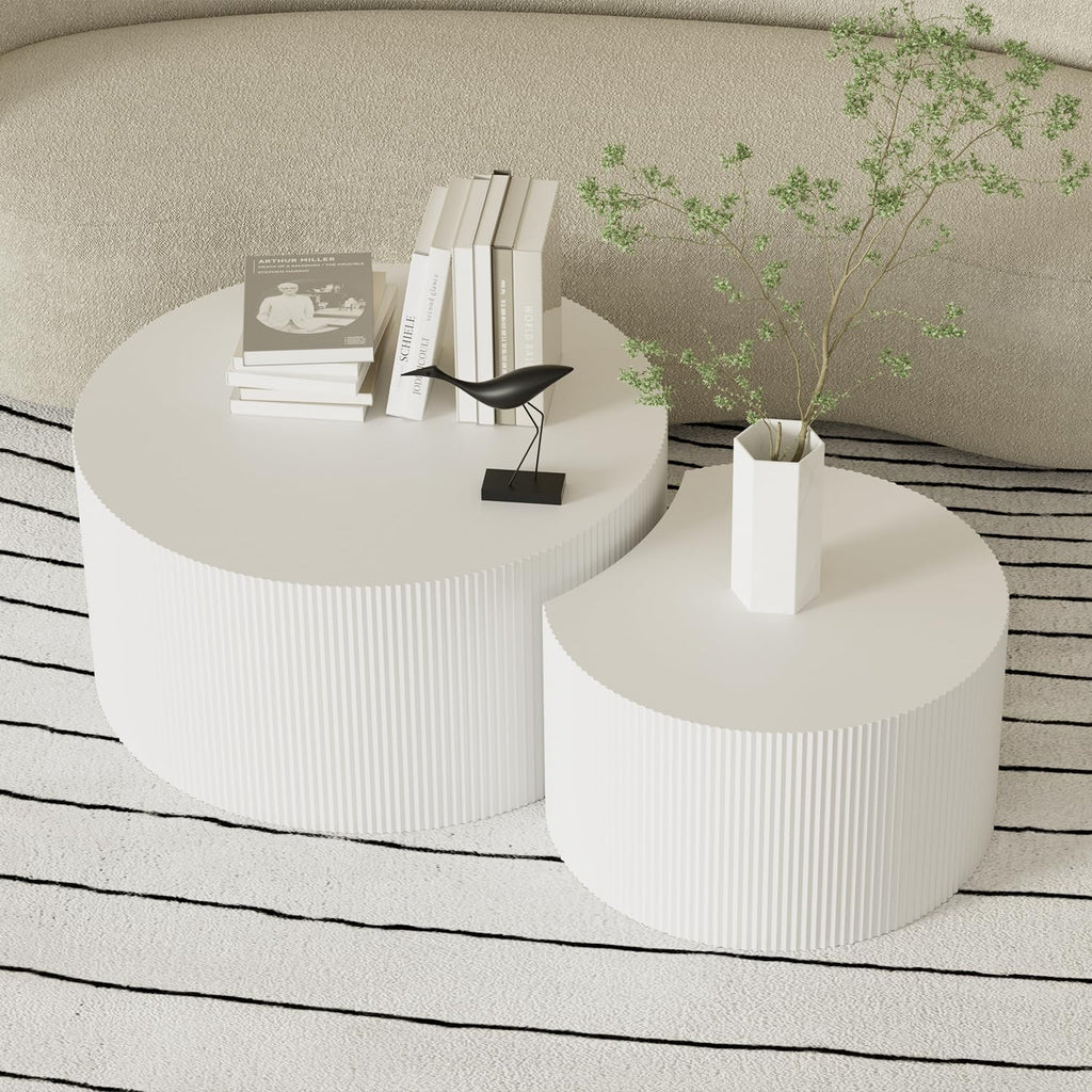 White Round Coffee Table Set of 3 Modern Drum Circle Nesting Coffee Tables for Living Room, Contemporary Wood Fluted Embossed Round+Small Crescent Coffee Table, No Assembly, White(3-Pcs)