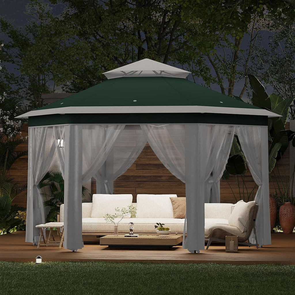 13X13 Pop Up Gazebo,Outdoor Canopy Tent with Mosquito Netting, Double Vented Roof Sun Shelter with Adjustable Heights,Outdoor Gazebo for Backyard & Patio Furniture.(Green with Beige-Hexagonal).