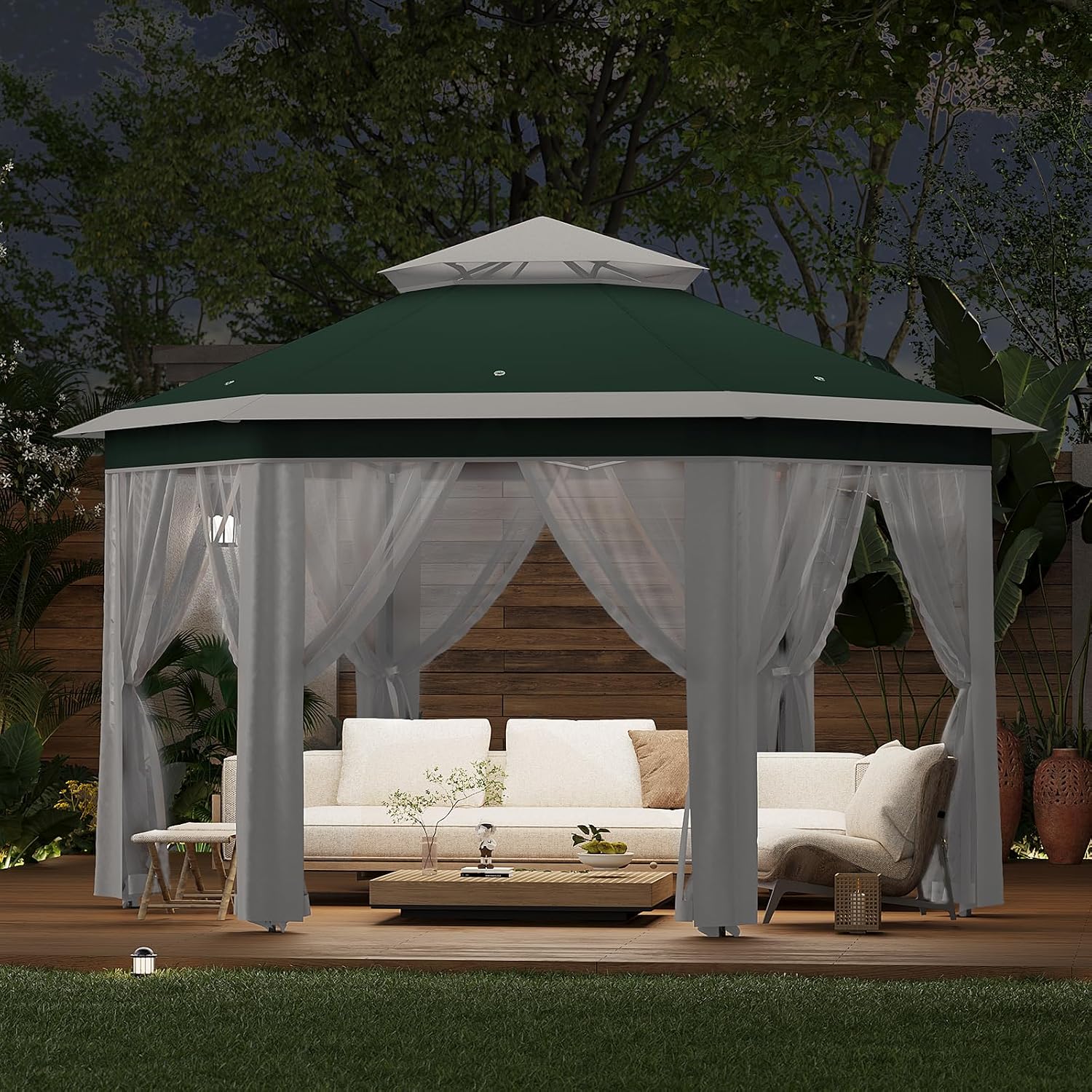 13X13 Pop Up Gazebo,Outdoor Canopy Tent with Mosquito Netting, Double Vented Roof Sun Shelter with Adjustable Heights,Outdoor Gazebo for Backyard & Patio Furniture.(Green with Beige-Hexagonal).