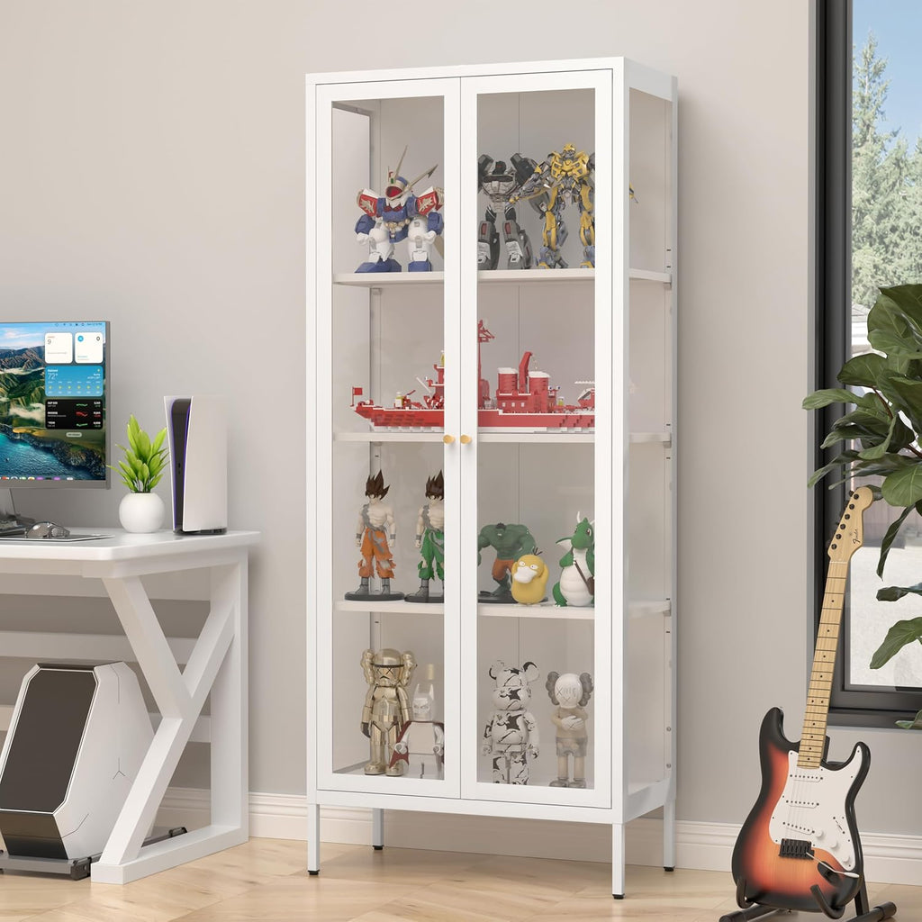SteeLoong 66' Display Cabinet with Tempered Glass,Metal Curio Cabinet with Glass Doors,4-Tier Display Case for Collectibles,Trophy,Plant,White Storage Cabinets for Living Room - Assemble Required