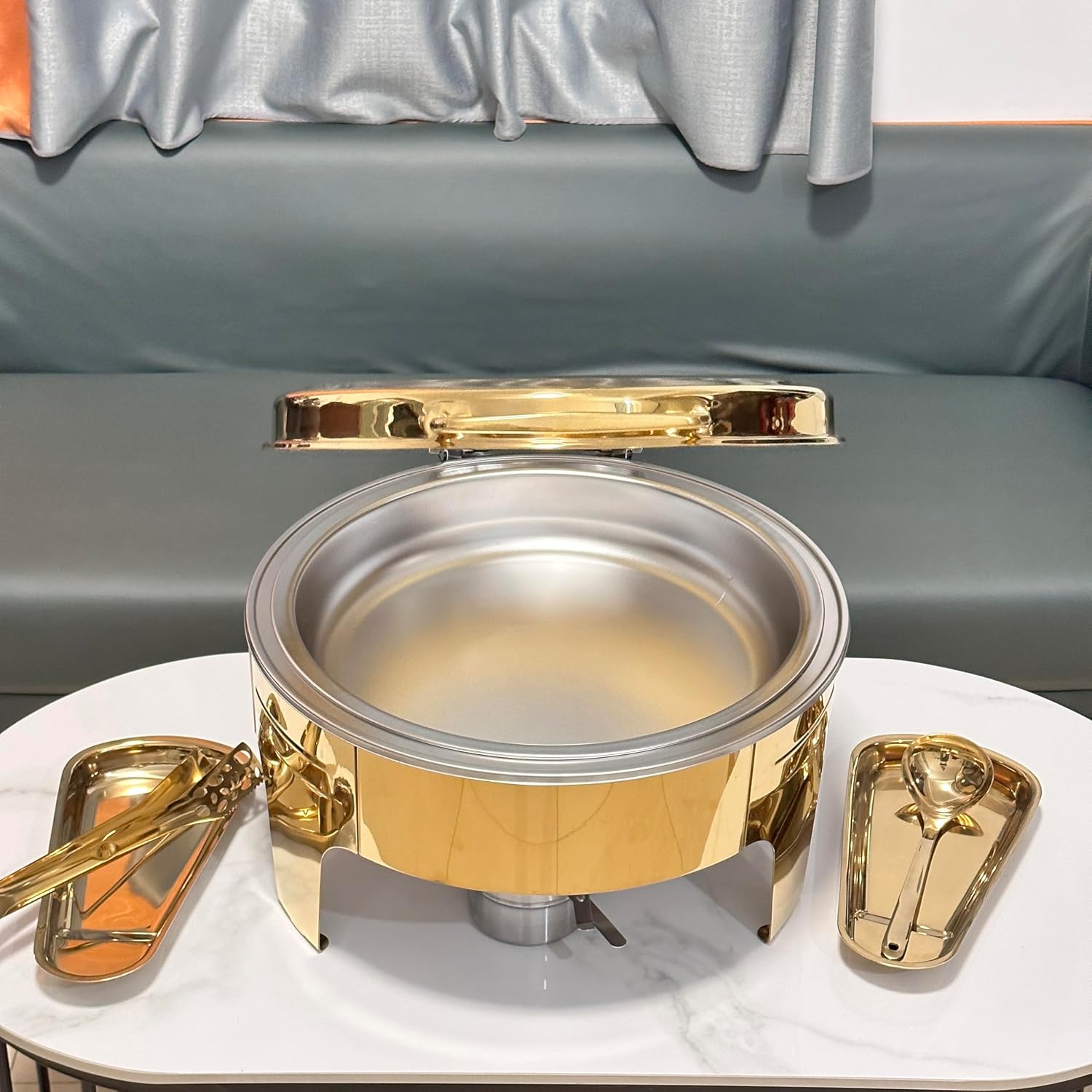 1Pack 6.8 Qt Golden Chafing Dish Buffet Set with Big Visible Window, Round Stainless Steel Buffet Servers and Warmers for Catering, Parties, Hotels and Weddings