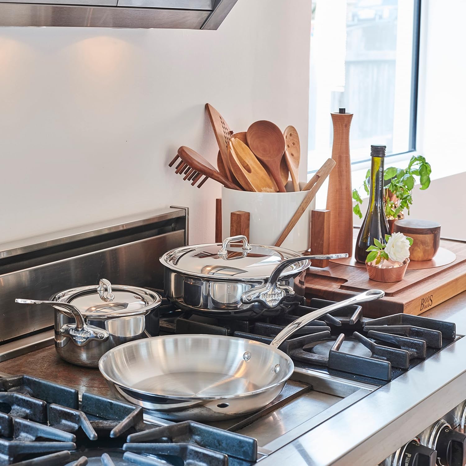 Mauviel M'Cook 5-Ply Polished Stainless Steel 2-Piece Frying Pan Set With Cast Stainless Steel Handles, Made In France