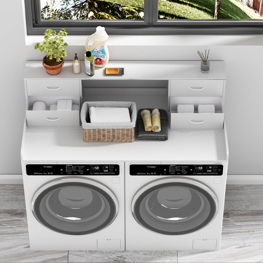 Unionly Washer and Dryer Countertop, 27.5' D x 53.9' W x 12.9' H Solid Wood Washer and Dryer Countertop with Organizer Shelves with Four Drawers for Laundry Room Organization (White)