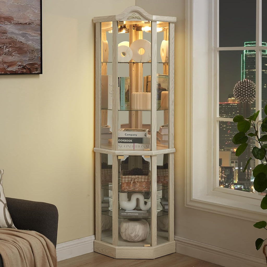 71' H Lighted Corner Display Cabinet, 6-Tier Wooden Curio Glass Cabinet with Adjustable Shelves, Carved Crown Decoration Corner Storage Display Case with Mirrored Back Pane (Antique White)
