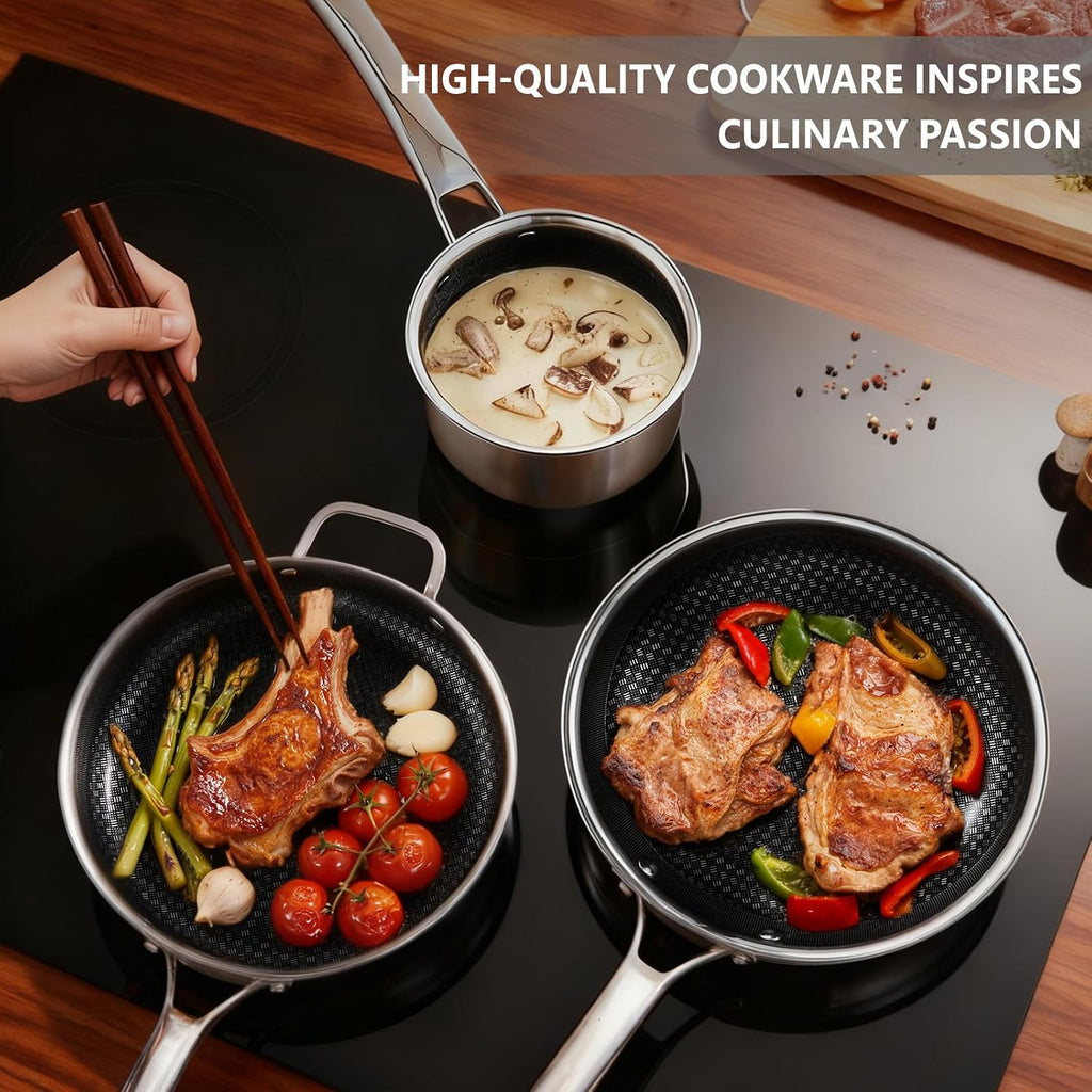 Bonnlo 10 Pieces Cookware Set, 3-Ply Stainless Steel Skillets Set, Non-Toxic Kitchen Set, Oven & Dishwasher Safe, Induction Cooking Set, PFOA & PTFE Free, Compatible for All Cooktops