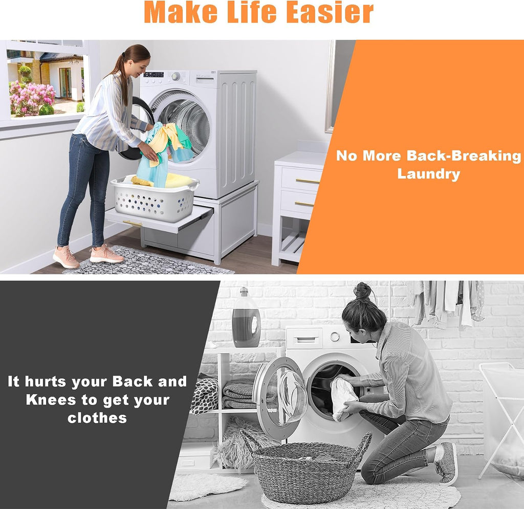 GDLF Laundry Pedestal Heavy Duty Metal Washer and Dryer Stand 29' Universal Fit Anti-Vibration Washing Machine Stand with Laundry Basket Shelf and Built-in Drain Pan + Hose,770 LBS Capacity,White