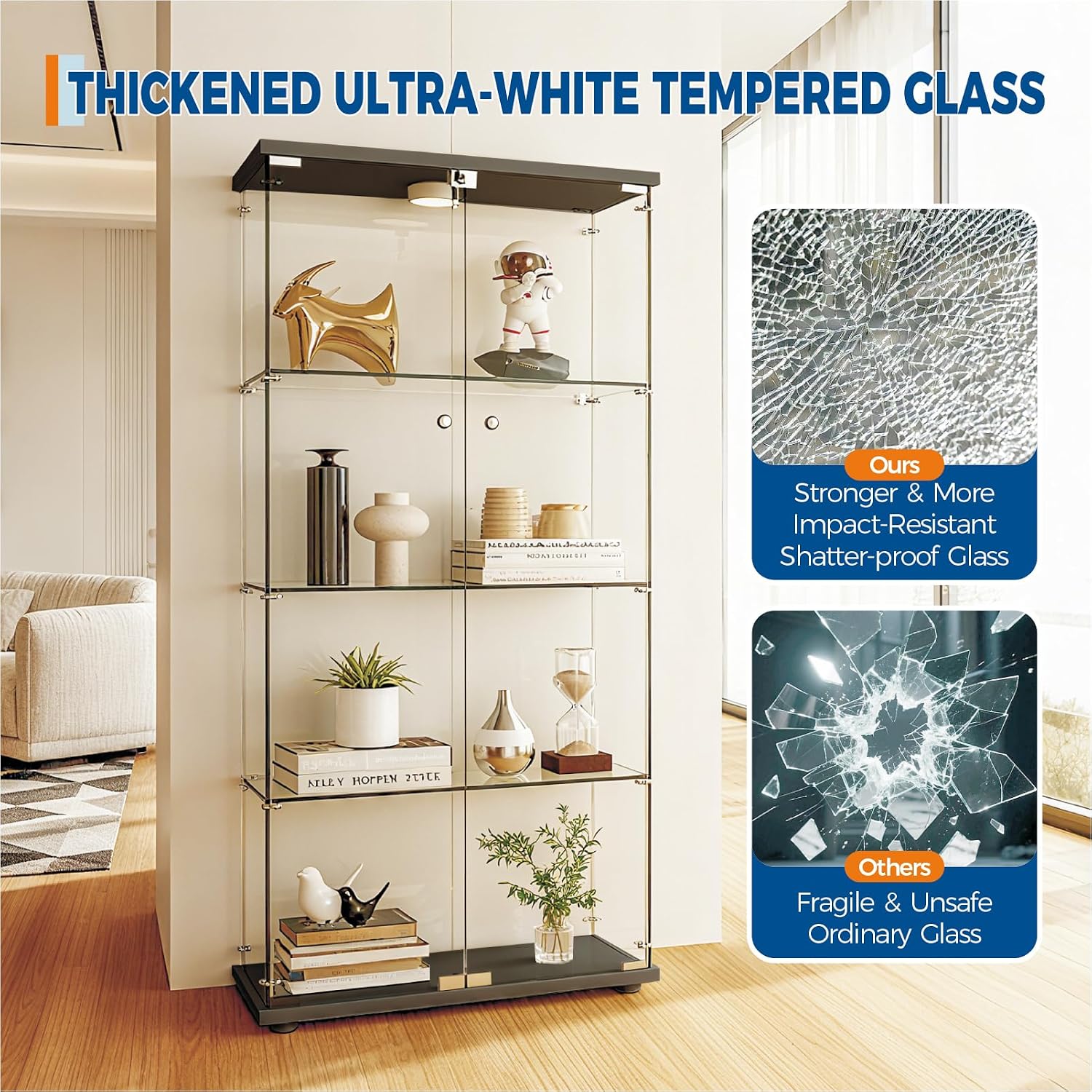 4-Tier 64.6h' Tempered Glass Display Cabinet (Black) - Full-Glass Curio Case with 13-Color LED Lights & Human Body Sensor, 17.6LBS/Layer Capacity, Quick-Install Storage for Collectibles & Decor