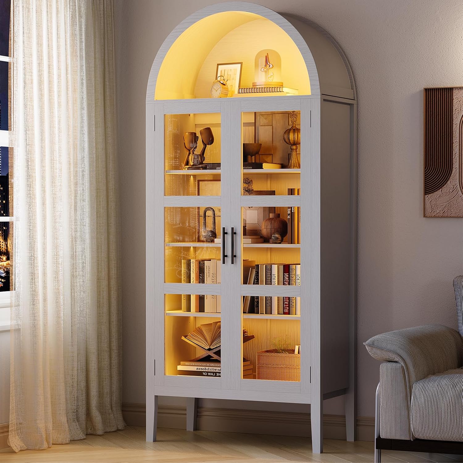 70 in Tall Arched Kitchen Pantry Cabinet with LED Lights, Modern Wood Arched Bookshelf with Glass Doors & Adjustable Shelves, Elegant Display Cabinet for Kitchen, Dining Room, Living Room