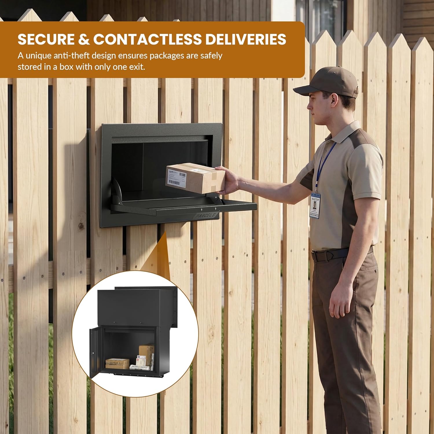 Large in-Fence Parcel Drop Box - Easy Assembly Through-the-Wall Package Delivery Box with Rear Access Door - Anti-Theft Locking Mailbox for Packages and Mail (Sleek Black Steel)