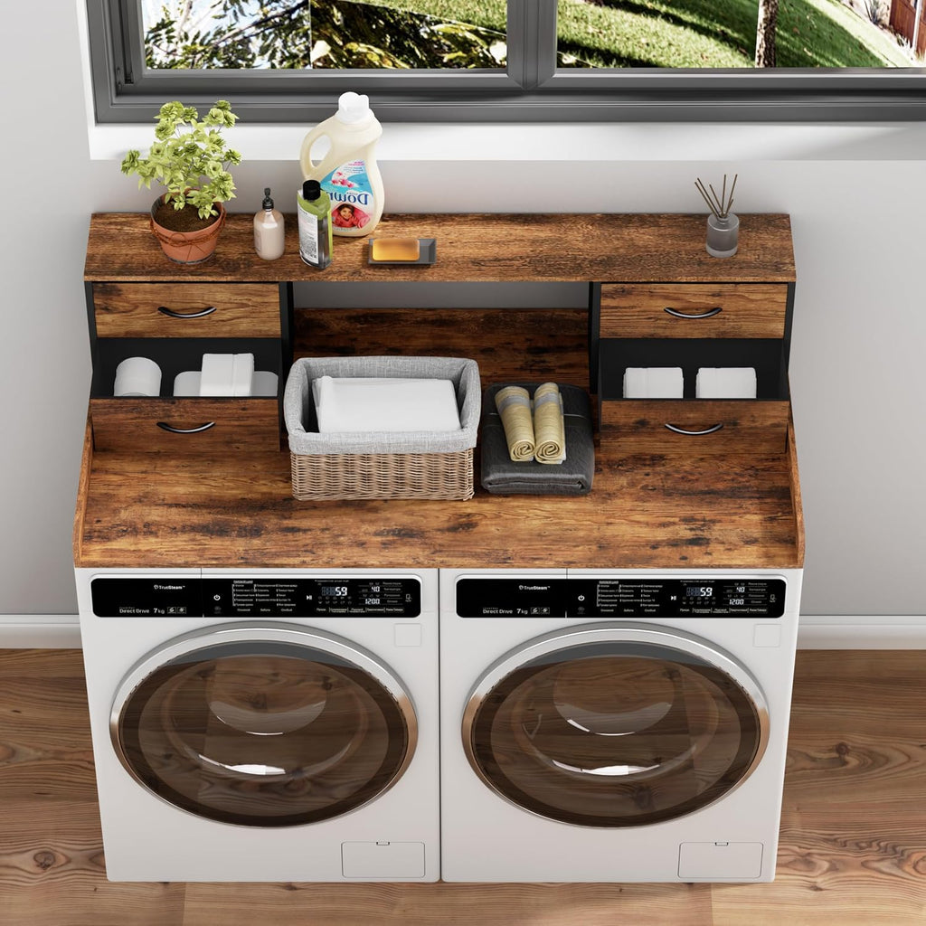 Unionly Washer and Dryer Countertop, 27.5' D x 53.9' W x 12.9' H Solid Wood Washer Dryer Countertop with Organizer Shelves with Four Drawers for Laundry Room Organization (Rustic Brown)