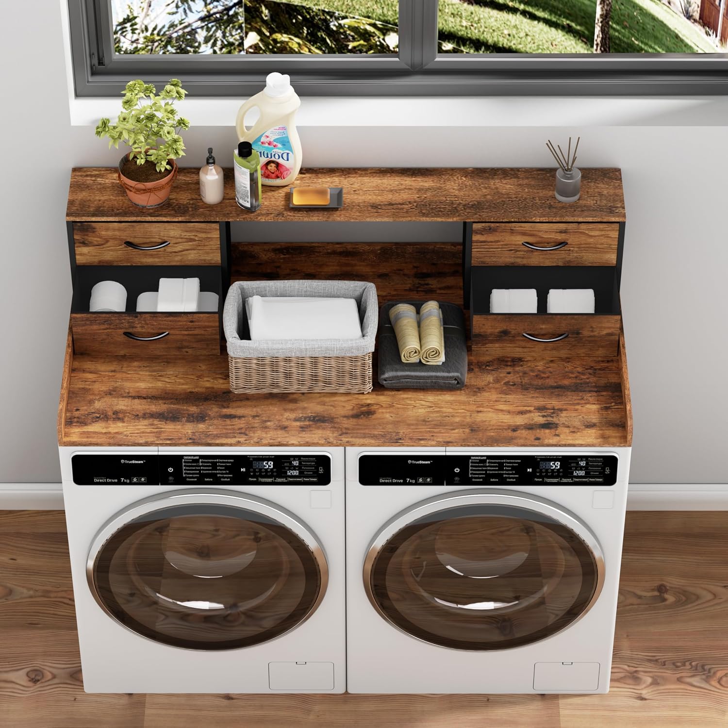 Unionly Washer and Dryer Countertop, 27.5' D x 53.9' W x 12.9' H Solid Wood Washer Dryer Countertop with Organizer Shelves with Four Drawers for Laundry Room Organization (Rustic Brown)