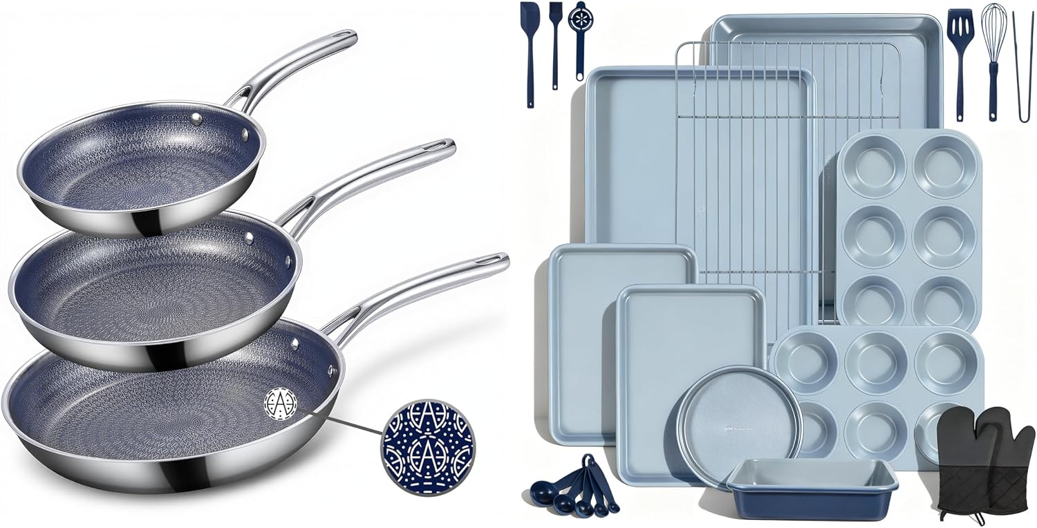 Ammeloo 3-Piece Hybrid Tri-Ply Stainless Steel Frying Pan Set & 22-Piece Baking Pans Set