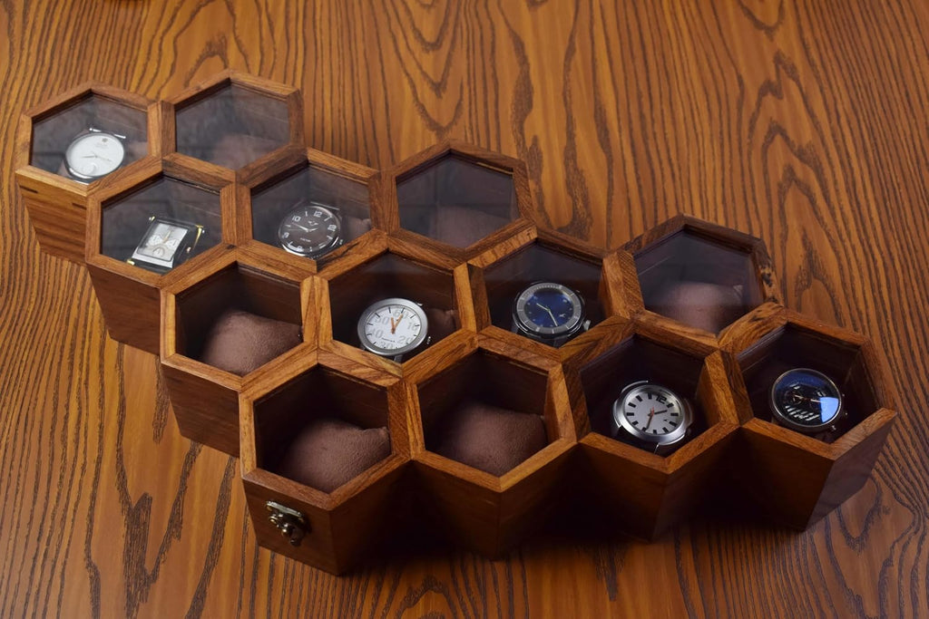 Extra Large 13 slot Superior Rosewood Honeycomb Watch Box Display Case Holder Collector Organizer for Men, Vintage Watch Storage Box to Store and Keep your Watches Safe and Sophisticated.