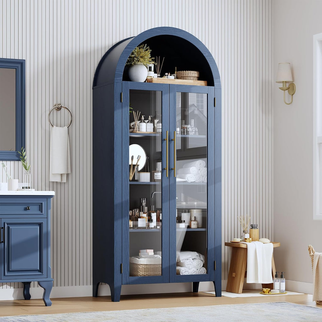 IDEALHOUSE Arched Kitchen Pantry Storage Cabinet - Farmhouse 5-Tier Display Shelf with 2 Large Glass Doors and Adjustable Shelf, Versatile Cupboard for Kitchen, Dining Room, Living Room, Night Blue